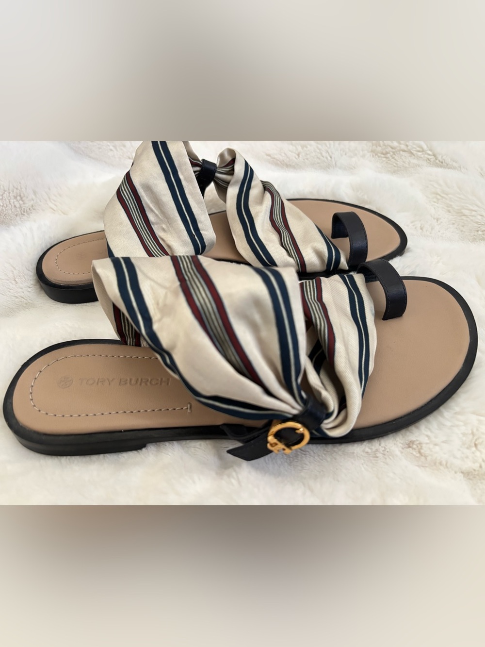 Tory Burch selby scarf ribbon  slip in sandals in Cream and Navy sz 7M